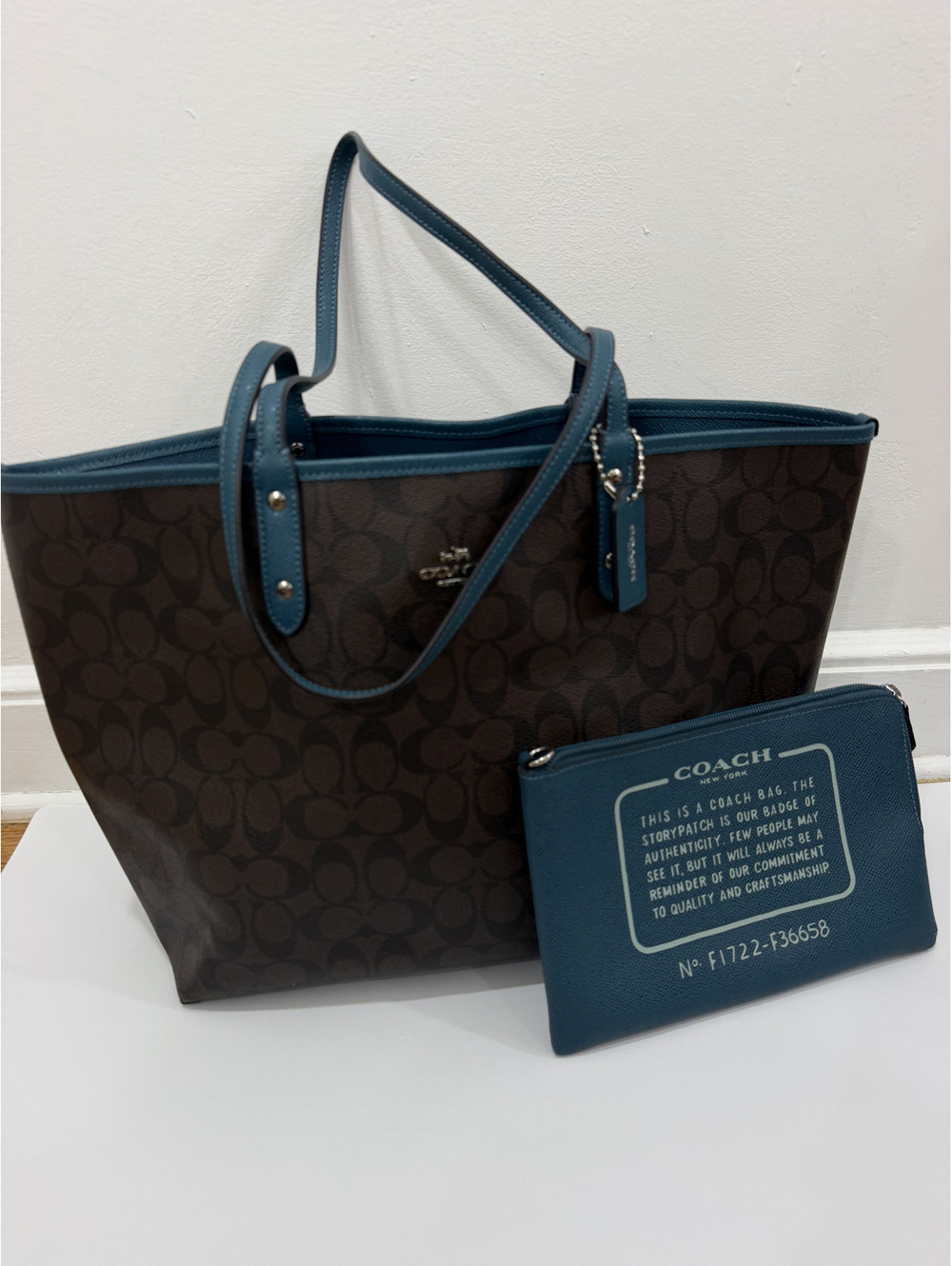 COACH Reversible Tote Bag Brown Turquoise Leather Authentic with Pouch